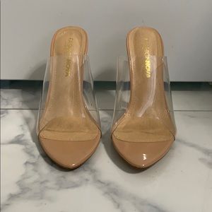 Never worn Fashion Nova nude/clear mules
